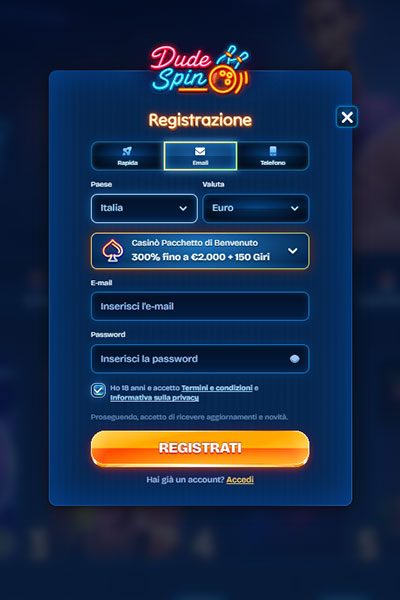 Registrazione su DudeSpin
